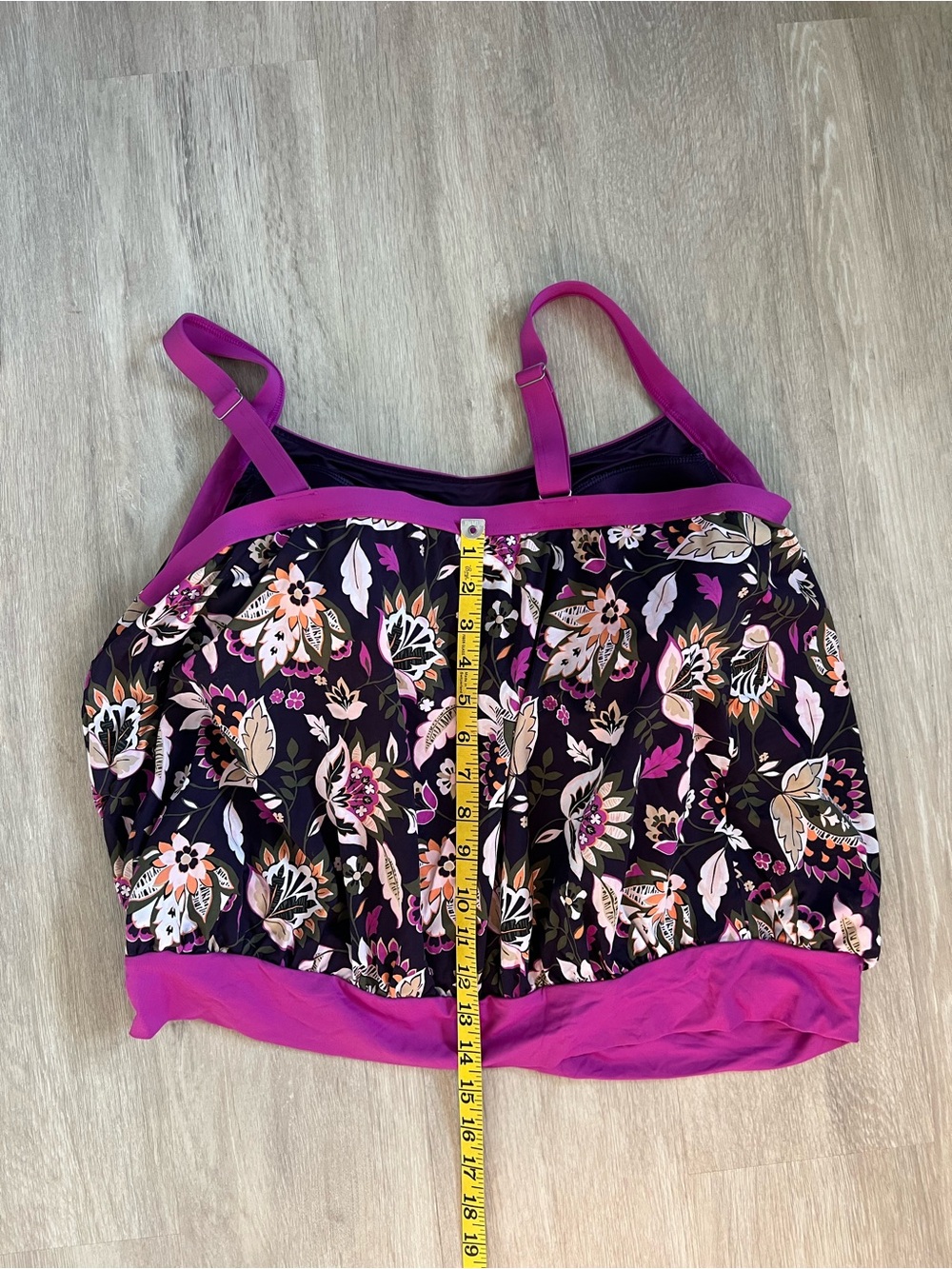 LANDS END Floral Black Tan Pink Swim Tankini Magenta Trim Built In Bra 18W - Picture 2 of 8